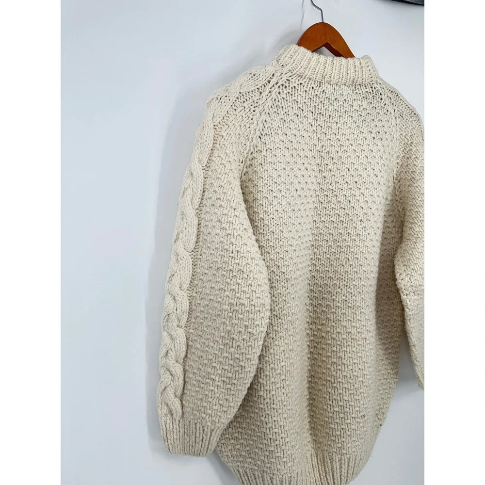 Rey Wear Handmade Wool Cable Knit Sweater Mens L Cream Heavy Fisherman 7201